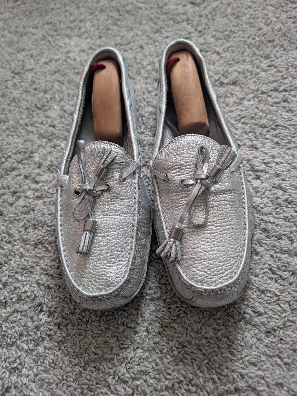 Cole Haan Silver Pebbled Leather Tassel Moccasins